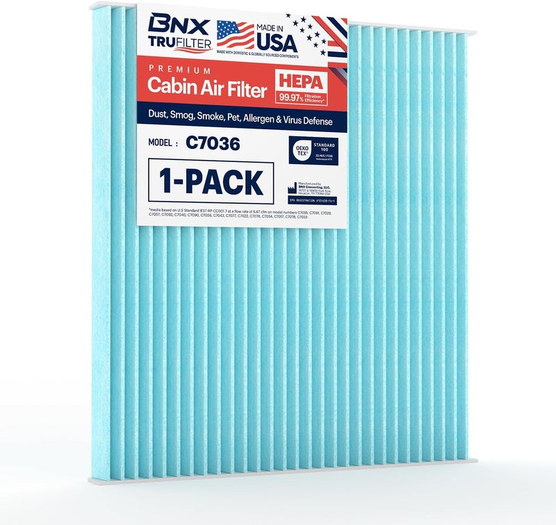 BNX TruFilter C7036 Cabin Air Filter, HEPA 99.97%, Compatible With Hyundai Accent, Genesis Coupe, Tucson, Veloster, Kia Forte, Forte Koup, Forte5, Rio, Rio5, Rondo, Sportage - Image 1